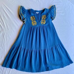Voy Embroidered Cotton Gauze Babydoll Dress · Blue & Lemon Yellow · Women’s Med